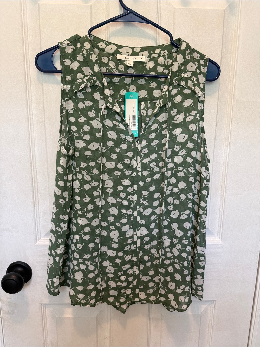 fun 2 fun Olive Green and White Floral Sleeveless Blouse